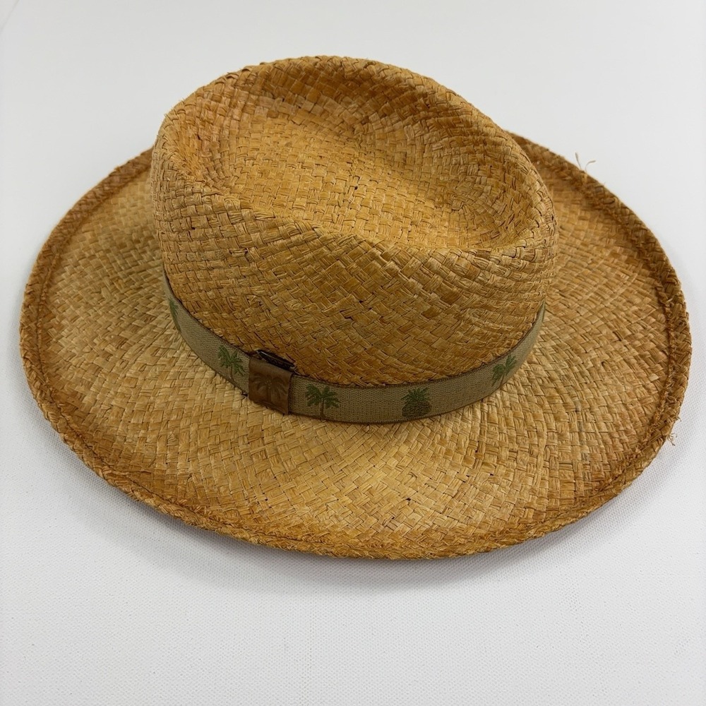 Scala Hat Panama Mens One Size Beige Straw Palm Tree Band Wide Brim Beach Summer